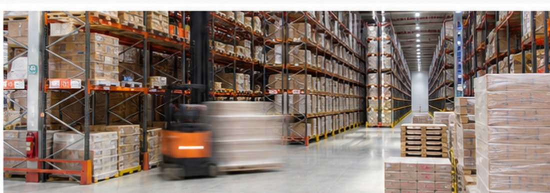 Modernes Logistiklager mit Paletten und Flurförderfahrzeug
